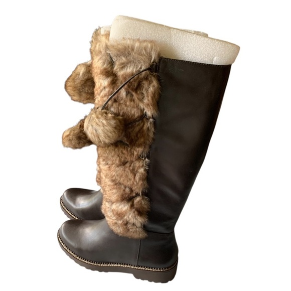 LANDSEND Women’s Lace Up Faux Fur Tall Leather Boots With Pom Poms, Zip Closure - Picture 8 of 13